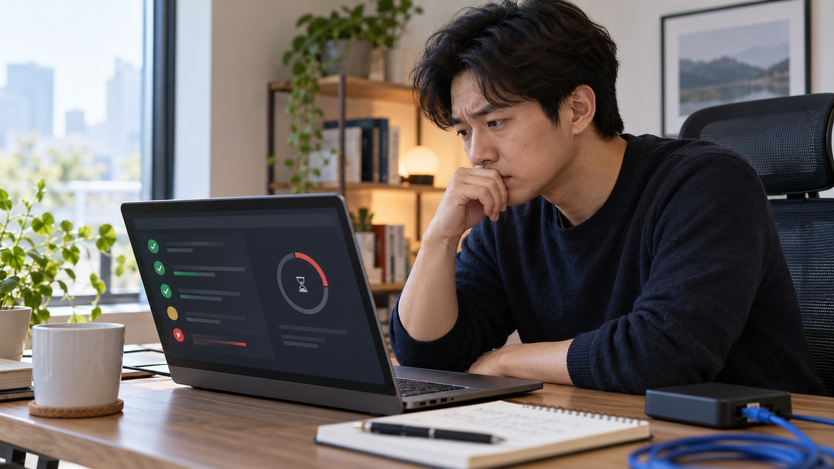 AI 생성 이미지: 성인 개발자가 노트북의 추상 API 상태와 타이머를 확인하며 재시도 여부를 판단하는 장면