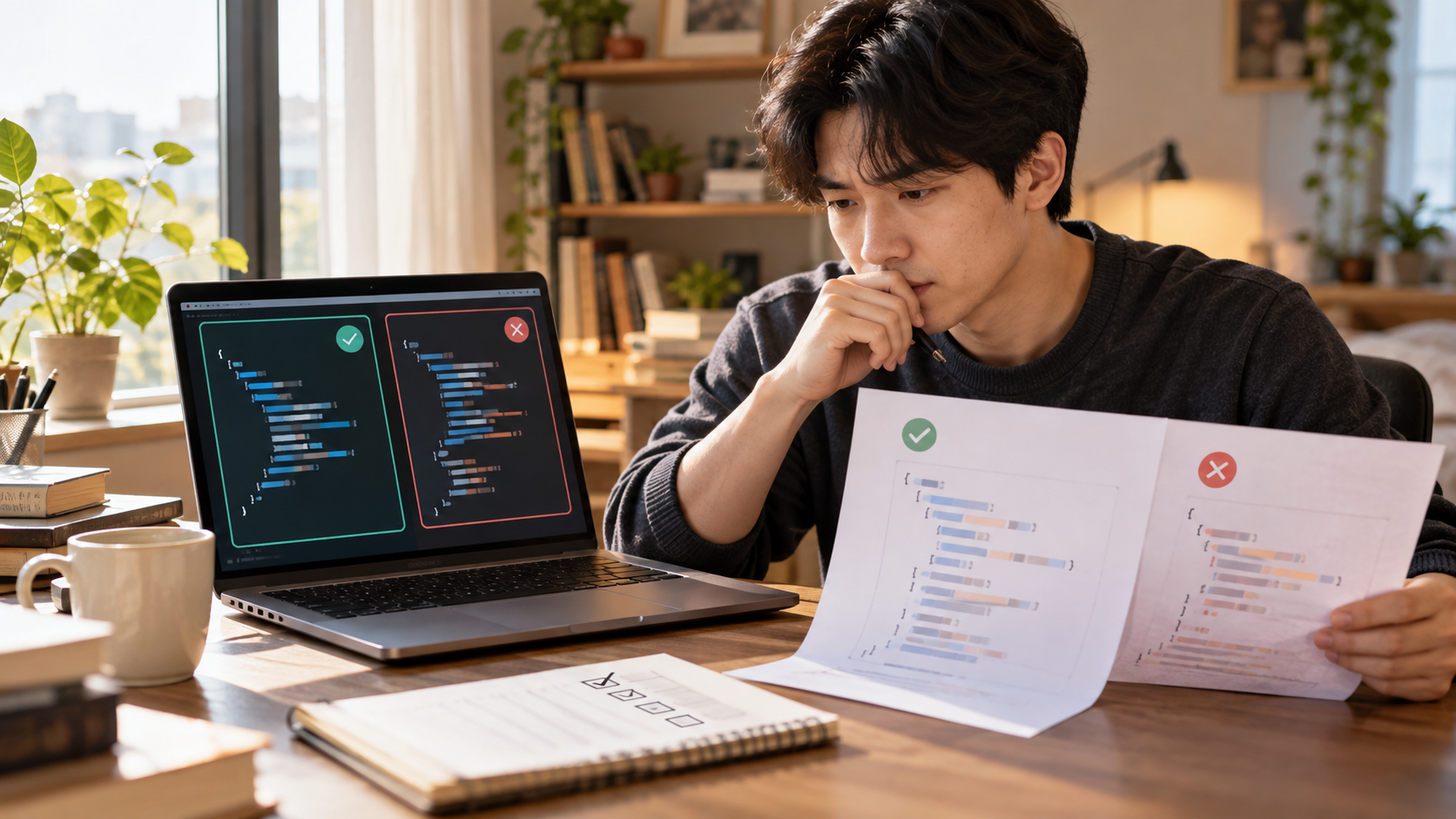 AI 생성 이미지: 성인 개발자가 노트북의 AI JSON 결과를 확인하며 자동화에 넘길지 판단하는 장면
