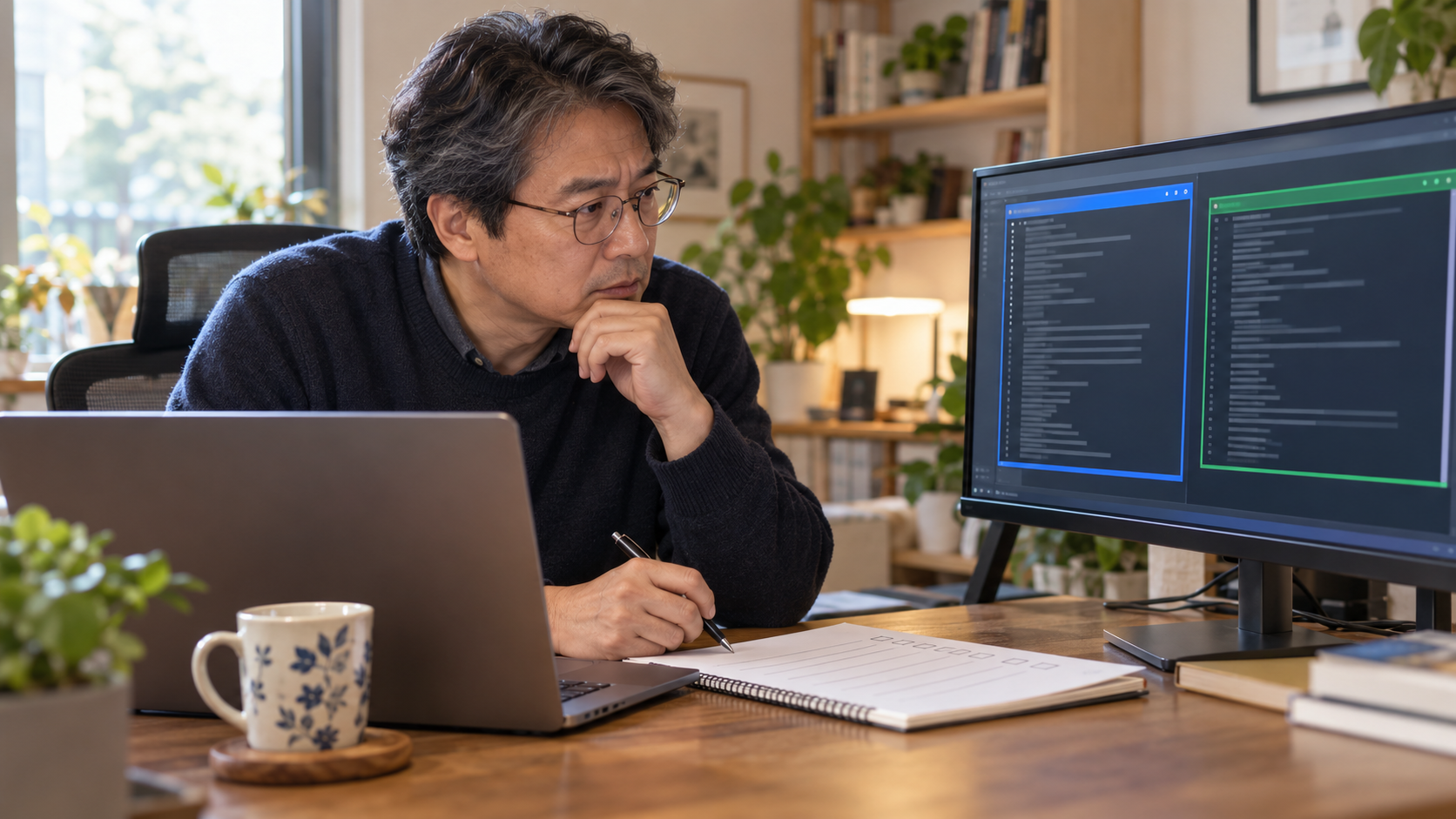 AI 생성 이미지: 성인 개발자가 노트북에서 Python 실행 환경과 패키지 설치 경로를 대조하는 장면