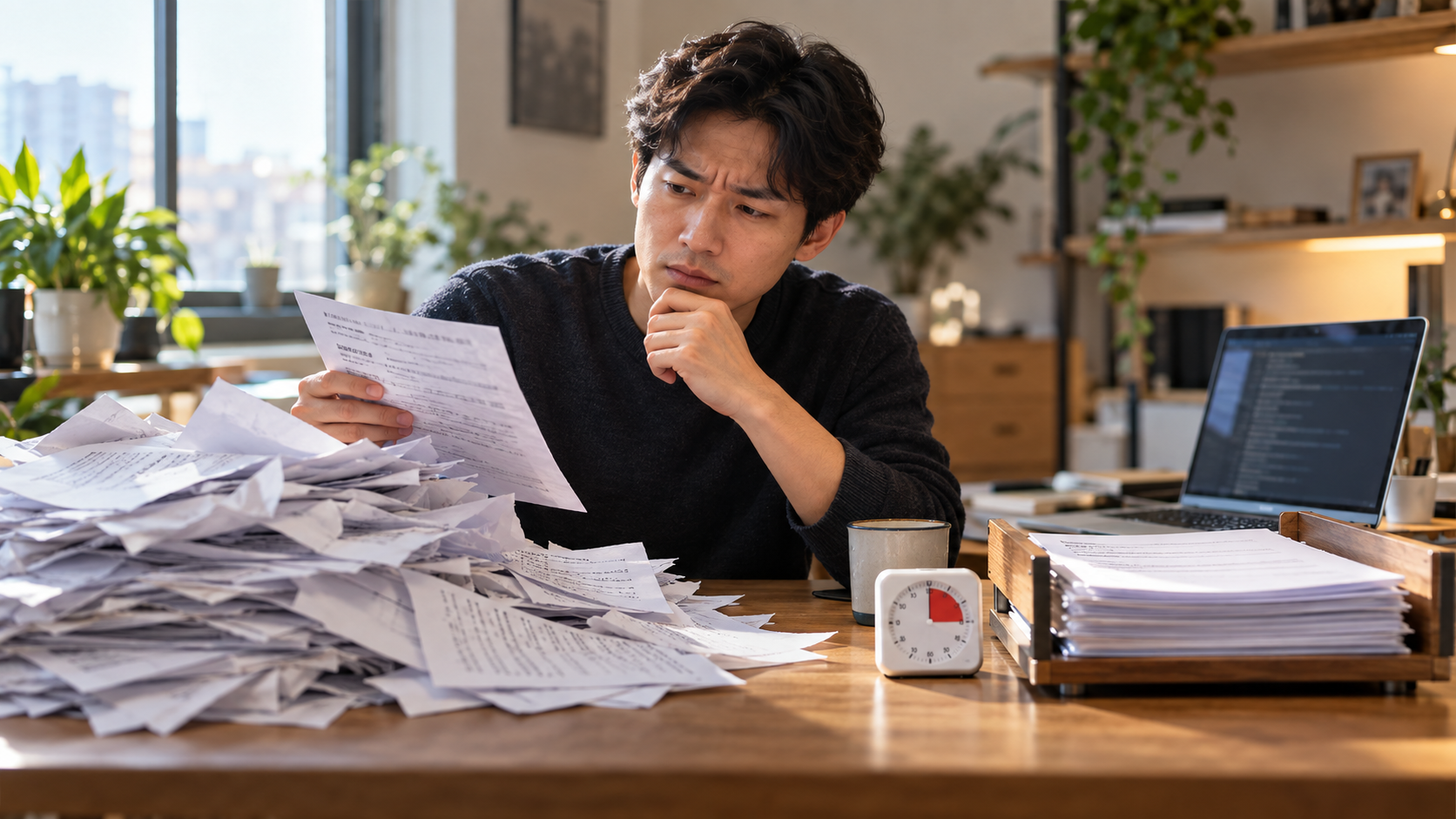AI 생성 이미지: 성인 남성이 노트북과 작업 문서를 살펴보며 로그 문제를 확인하는 장면
