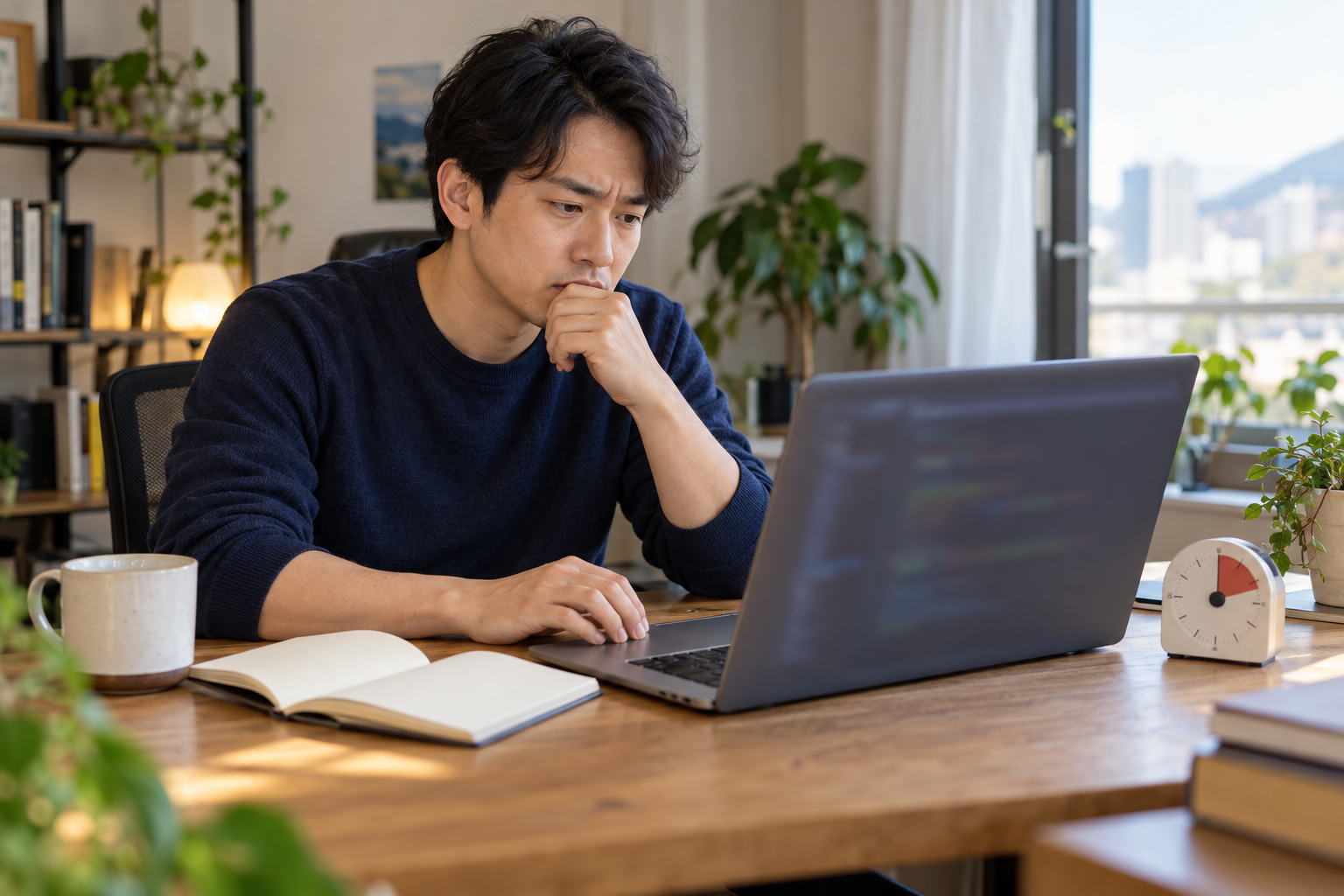 AI 생성 이미지: 성인 개발자가 노트북과 빈 노트, 타이머를 확인하며 비동기 작업 상태를 점검하는 장면