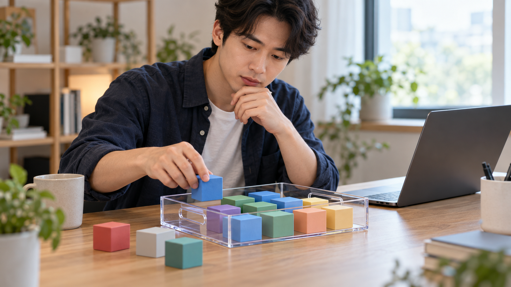 AI 생성 이미지: 개발자가 노트북 옆에서 소프트웨어 모듈을 프로젝트별 상자에 정리하는 장면
