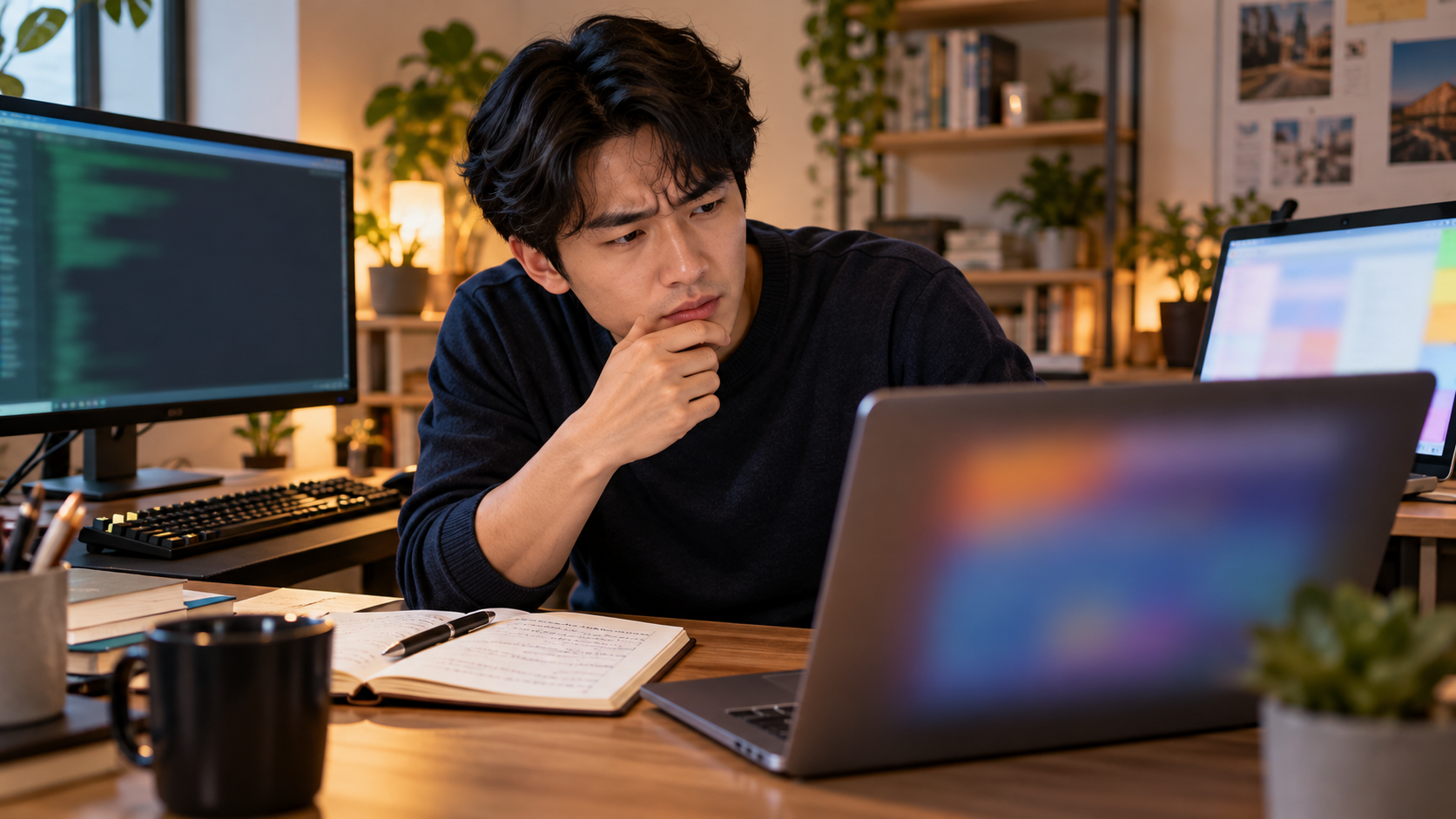 AI 생성 이미지: 성인 개발자가 노트북과 흐릿한 모니터 화면을 살펴보며 인자 오류를 확인하는 장면