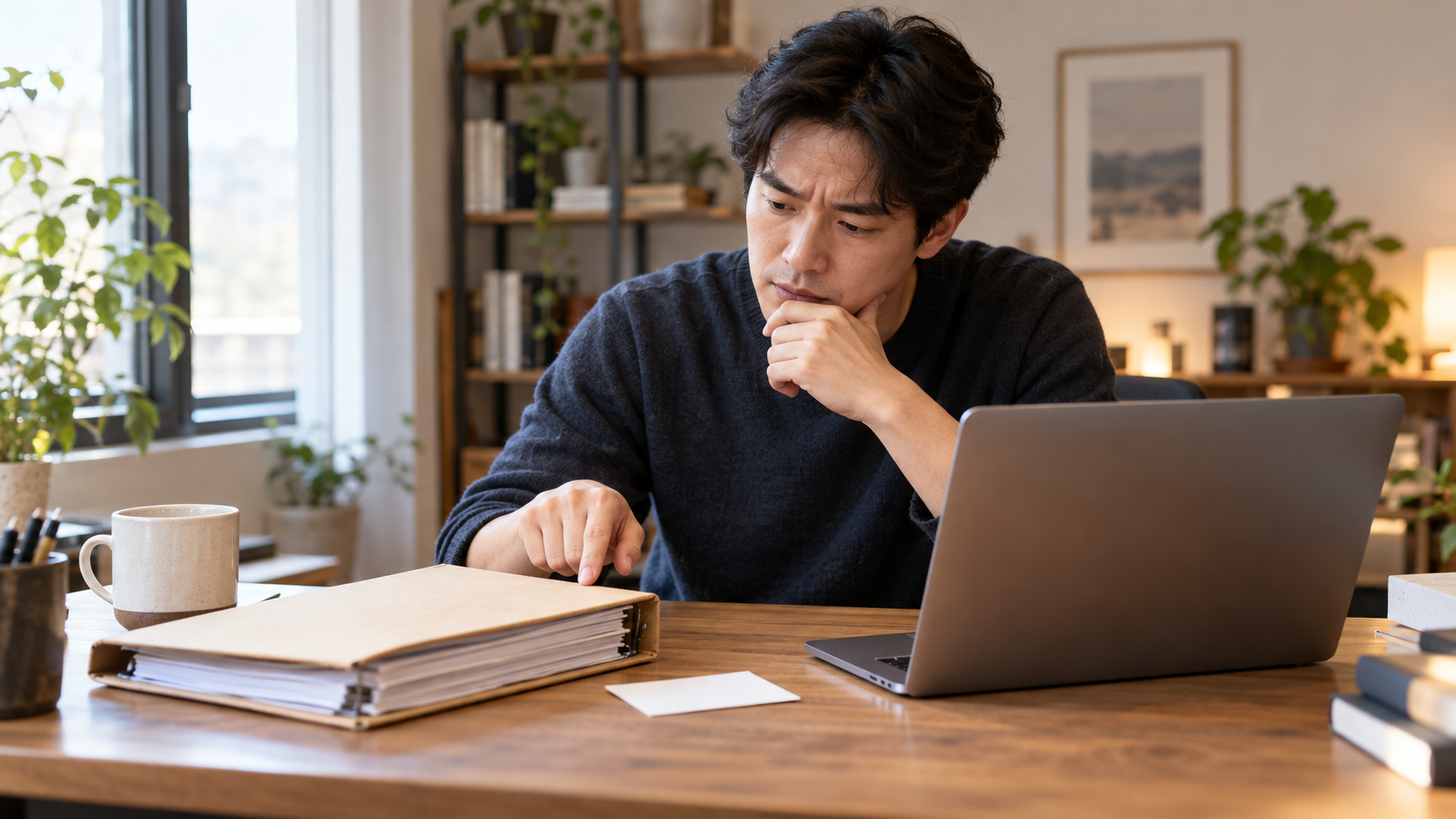 AI 생성 이미지: 성인 개발자가 노트북과 설정 파일을 비교하며 자동화 오류 원인을 확인하는 장면