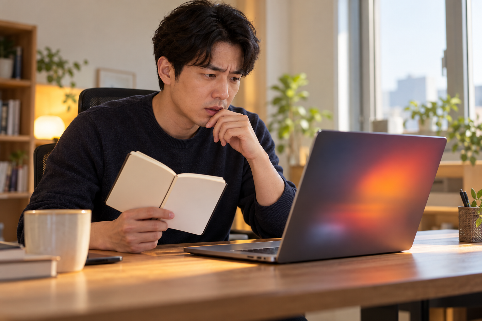 AI 생성 이미지: 성인 개발자가 노트북과 빈 메모장을 살펴보며 비동기 작업 실패를 확인하는 장면
