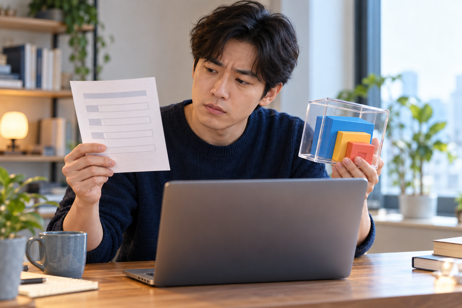AI 생성 이미지: 성인 개발자가 노트북 앞에서 평면 형식과 중첩 구조의 요청 데이터를 비교하는 장면