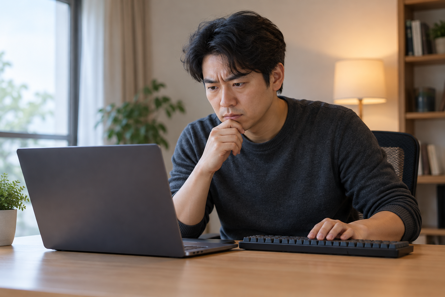 AI 생성 이미지: 성인 개발자가 멈춘 노트북 작업을 확인하며 키보드에 손을 둔 장면