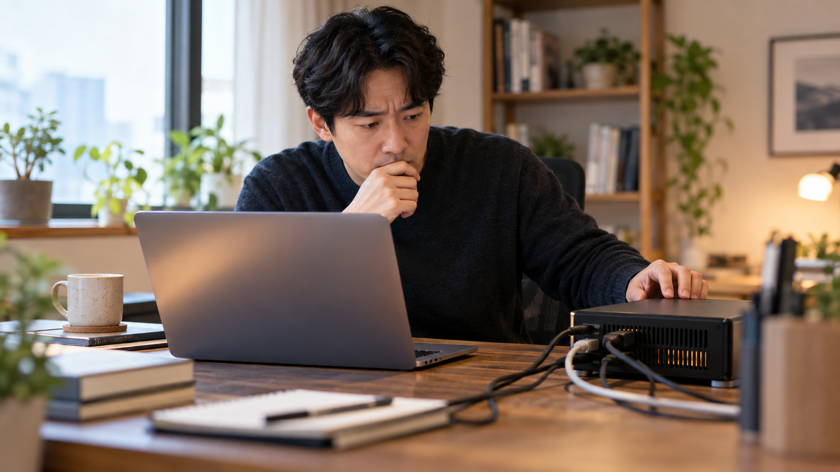 AI 생성 이미지: 성인 개발자가 노트북과 연결된 실행 장치를 확인하며 멈춤 원인을 점검하는 장면