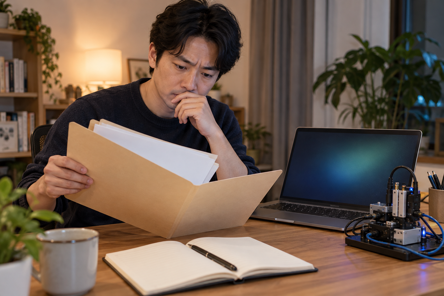 AI 생성 이미지: 성인 개발자가 노트북 옆에서 비어 있는 기록 폴더와 자동화 환경을 확인하는 장면
