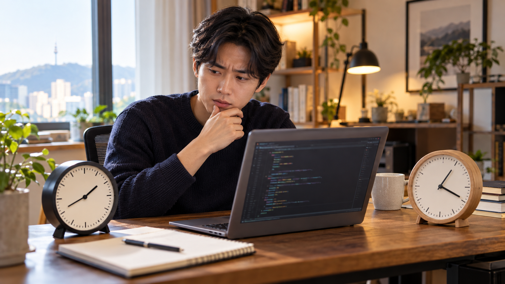 AI 생성 이미지: 성인 인물이 노트북과 서로 다른 시계 표시를 함께 확인하는 장면