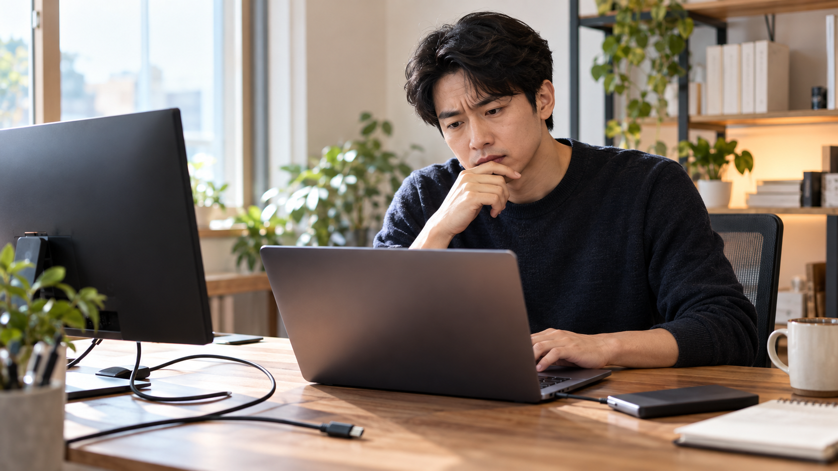 AI 생성 이미지: 성인 개발자가 노트북과 모니터를 번갈아 확인하며 실행 환경 차이를 점검하는 장면