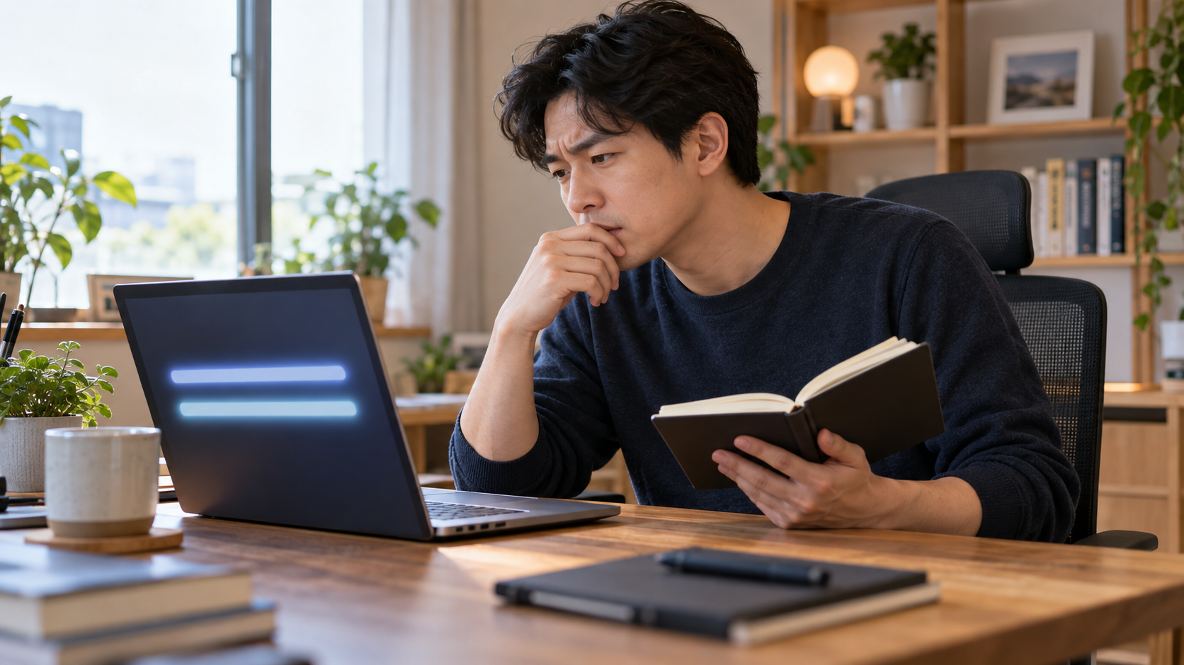AI 생성 이미지: 성인 개발자가 노트북의 반복 출력과 기록 노트를 확인하며 로그 중복 원인을 점검하는 장면