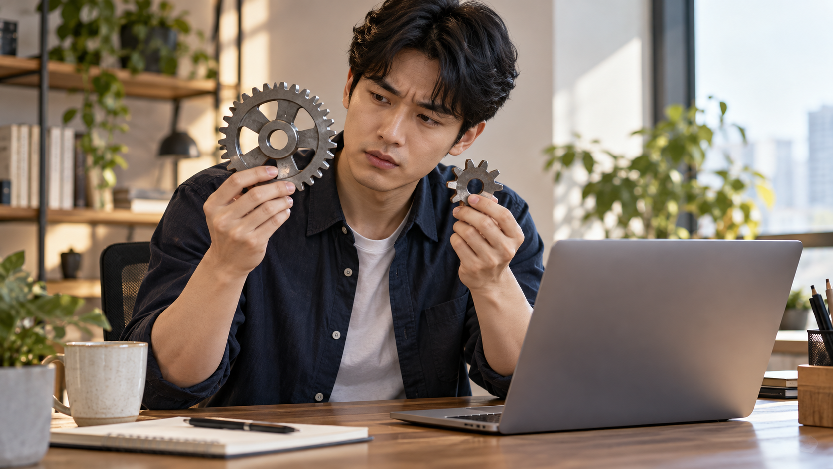 AI 생성 이미지: 성인이 노트북 옆에서 크기가 다른 두 기어를 비교하는 장면