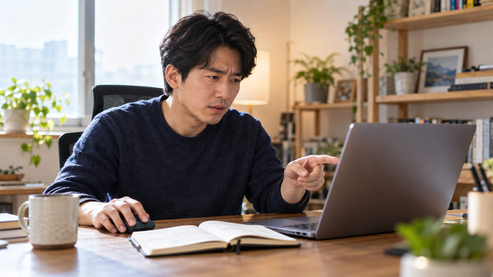AI 생성 이미지: 성인 개발자가 노트북을 가리키며 보이지 않는 브라우저 알림으로 멈춘 자동화 작업을 확인하는 장면