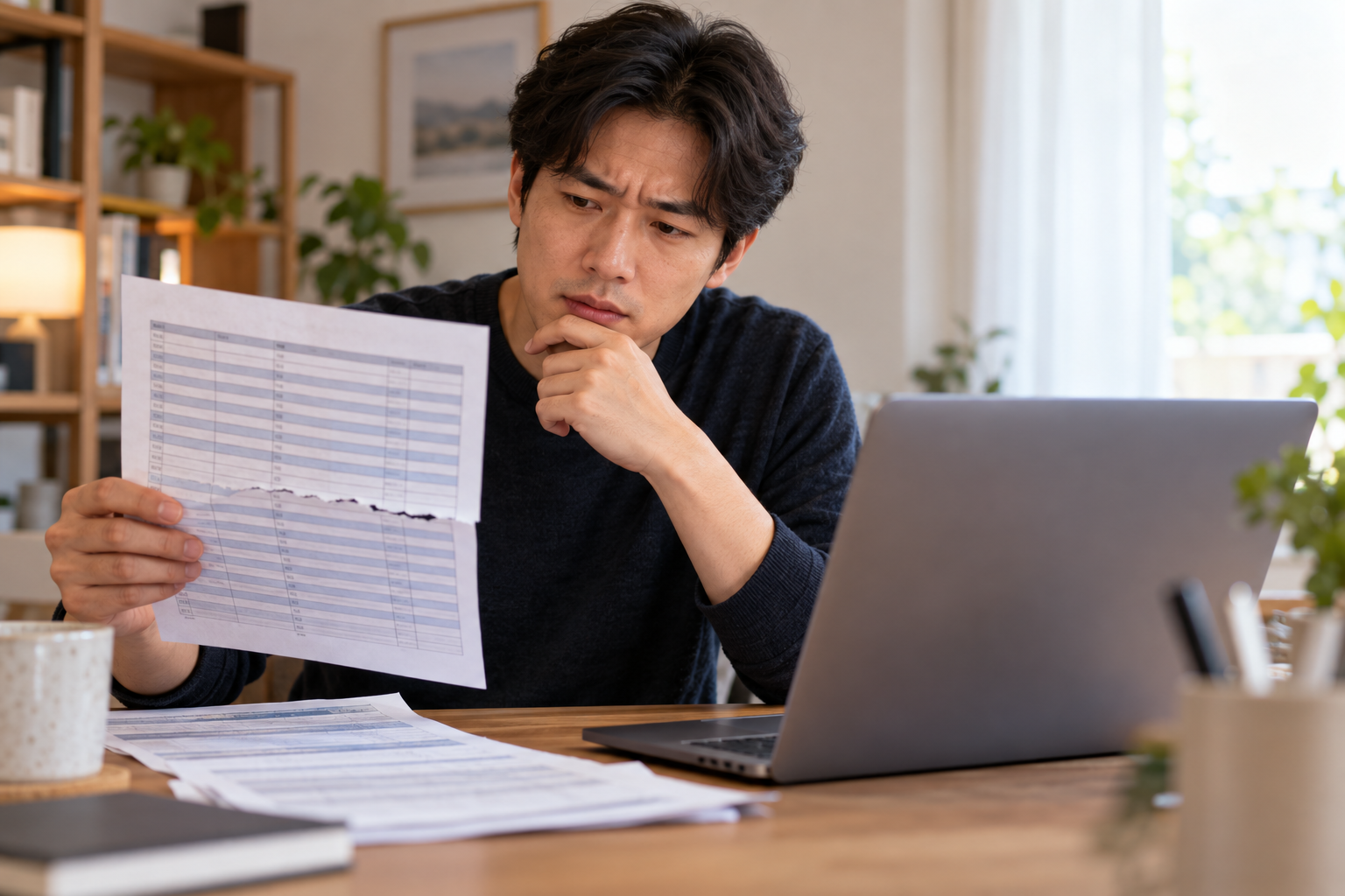 AI 생성 이미지: 성인 개발자가 노트북과 행 구조가 어긋난 인쇄 표를 비교하며 CSV 읽기 오류를 확인하는 장면