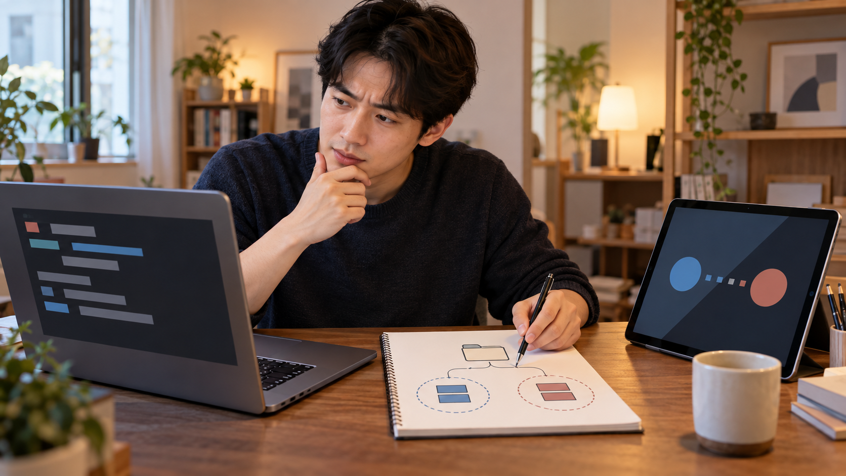 AI 생성 이미지: 성인 개발자가 노트북과 별도 실행 맥락을 비교하며 환경변수 문제를 진단하는 장면