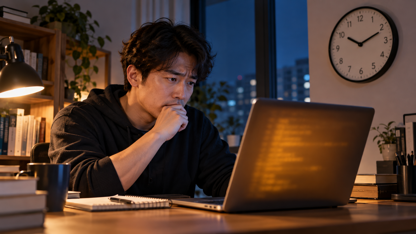 AI 생성 이미지: 성인 개발자가 노트북과 벽시계를 함께 확인하며 로그 시간대 차이를 점검하는 장면