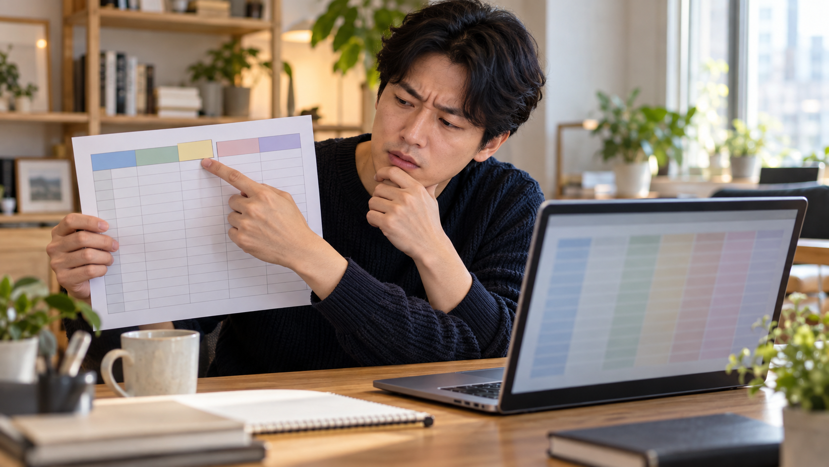 AI 생성 이미지: 성인 개발자가 인쇄된 표와 노트북의 어긋난 열 헤더를 확인하는 장면