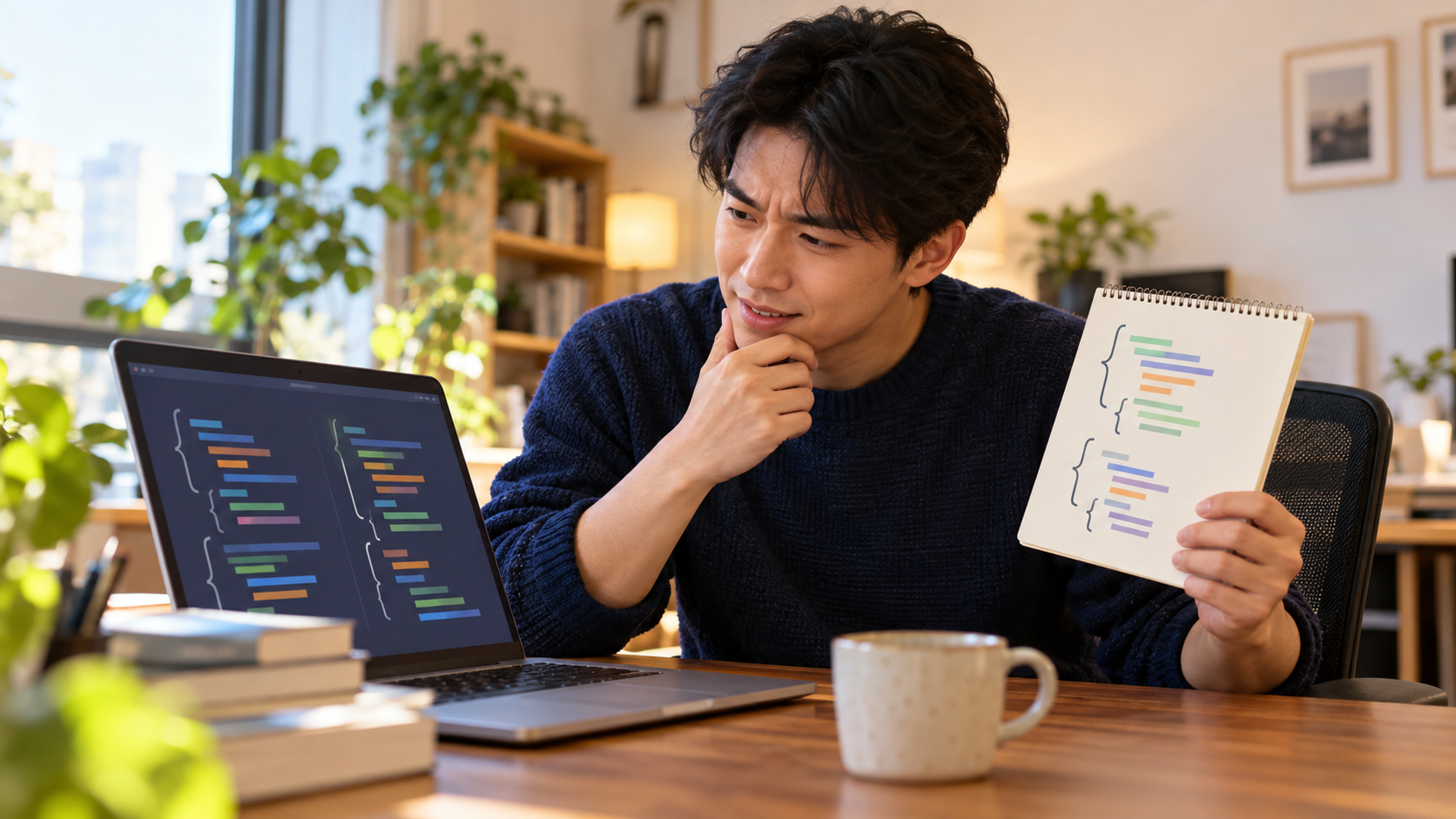 AI 생성 이미지: 성인 개발자가 노트북과 추상 응답 메모를 비교하며 AI 응답 형식을 점검하는 장면