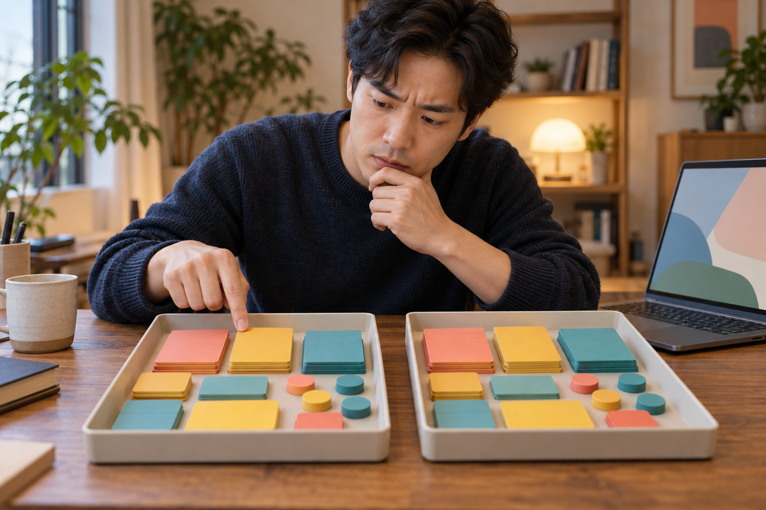 AI 생성 이미지: 성인 개발자가 두 개의 작업 트레이에 섞인 색상 카드 상태를 비교하는 장면