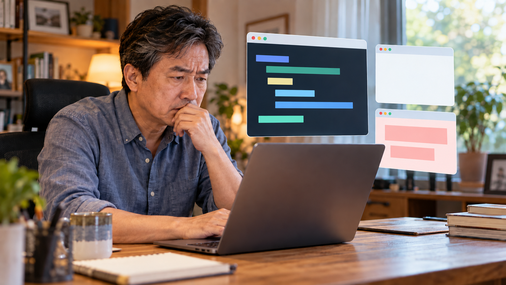 AI 생성 이미지: 성인 개발자가 노트북으로 API 응답 상태와 본문 미리보기를 확인하는 장면
