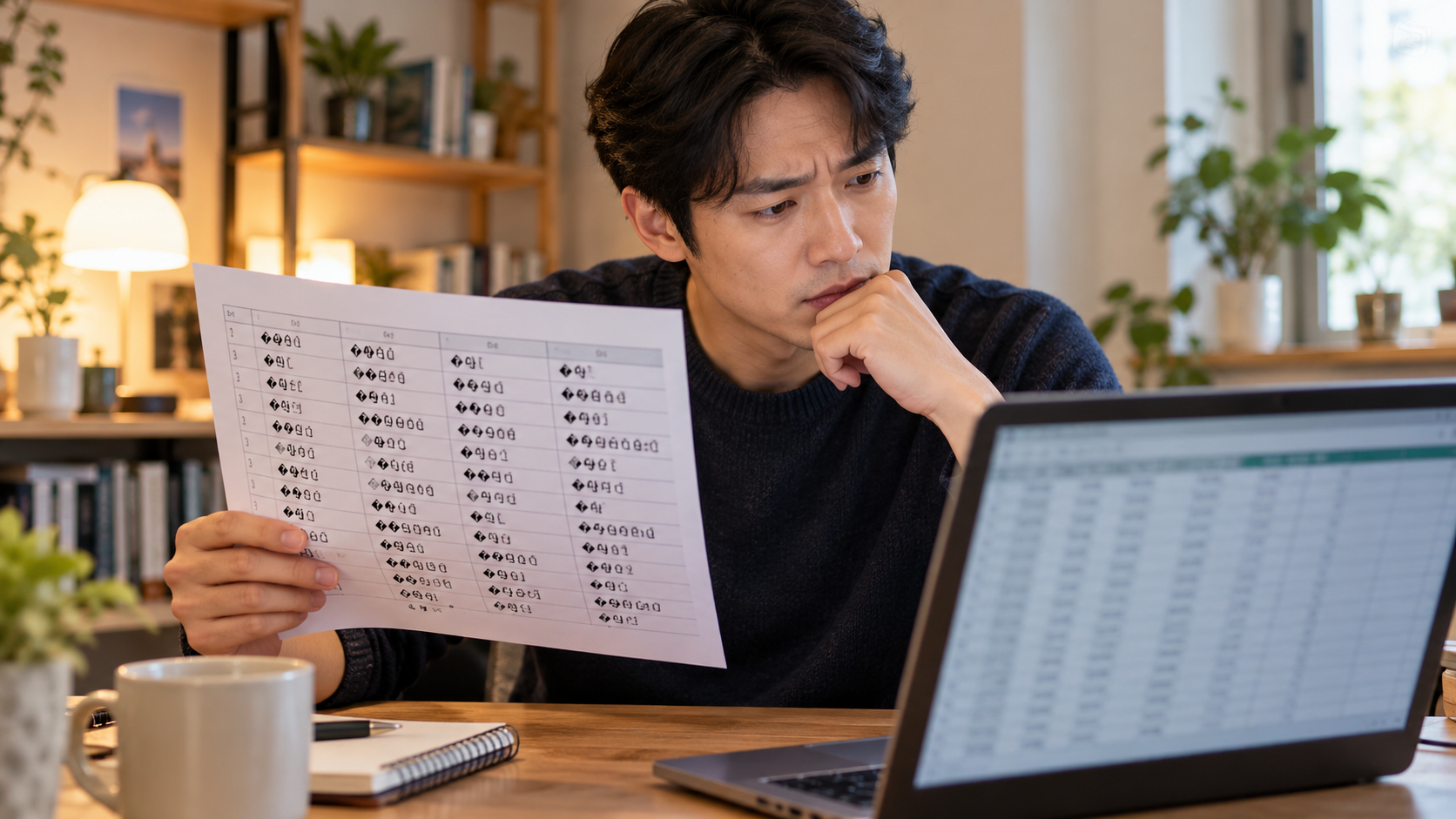 AI 생성 이미지: 성인 개발자가 노트북 옆 CSV 파일의 한글 깨짐 원인을 확인하는 장면