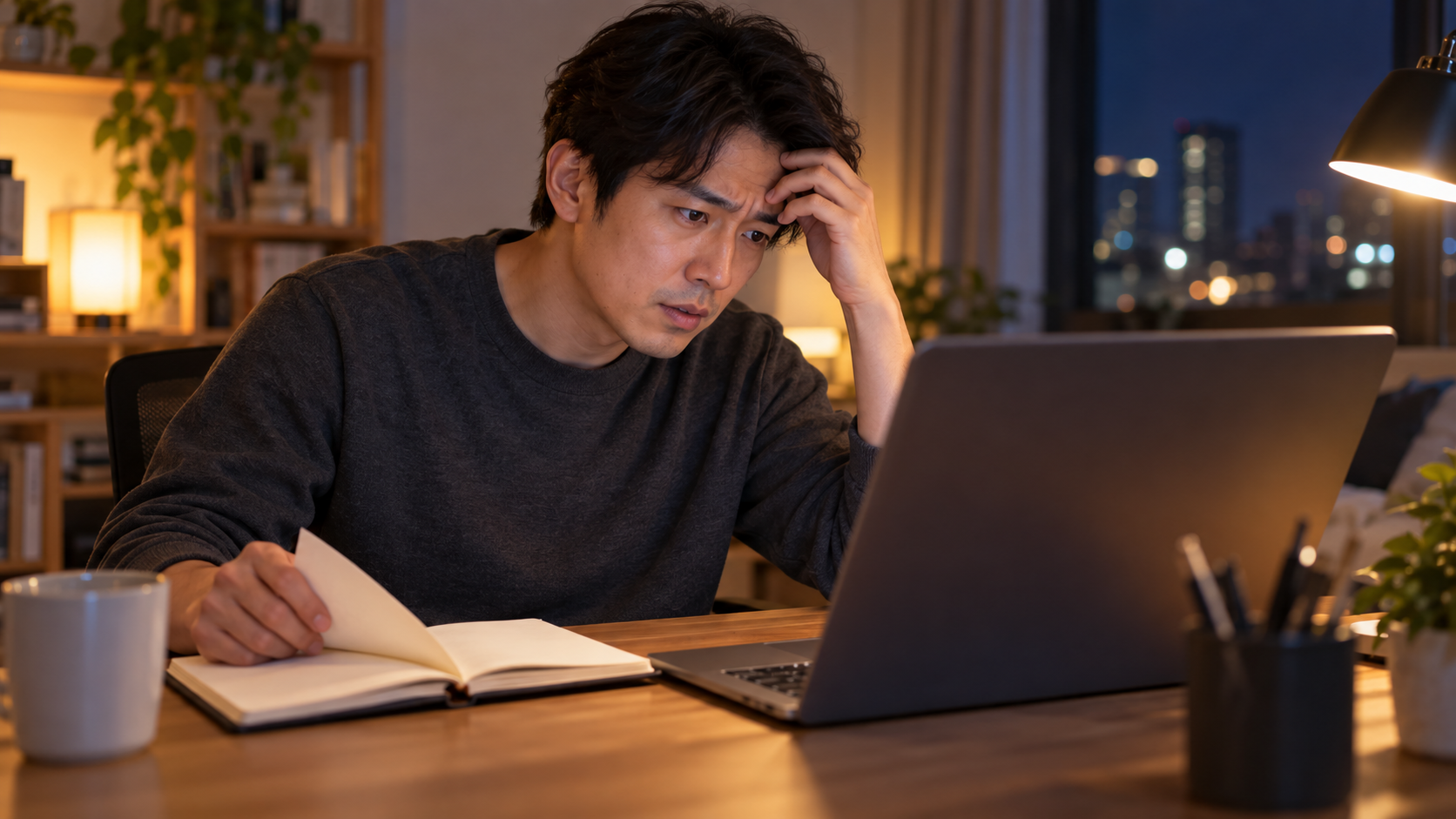 AI 생성 이미지: 성인 개발자가 노트북과 빈 노트를 보며 자동화 실패 원인을 확인하는 장면