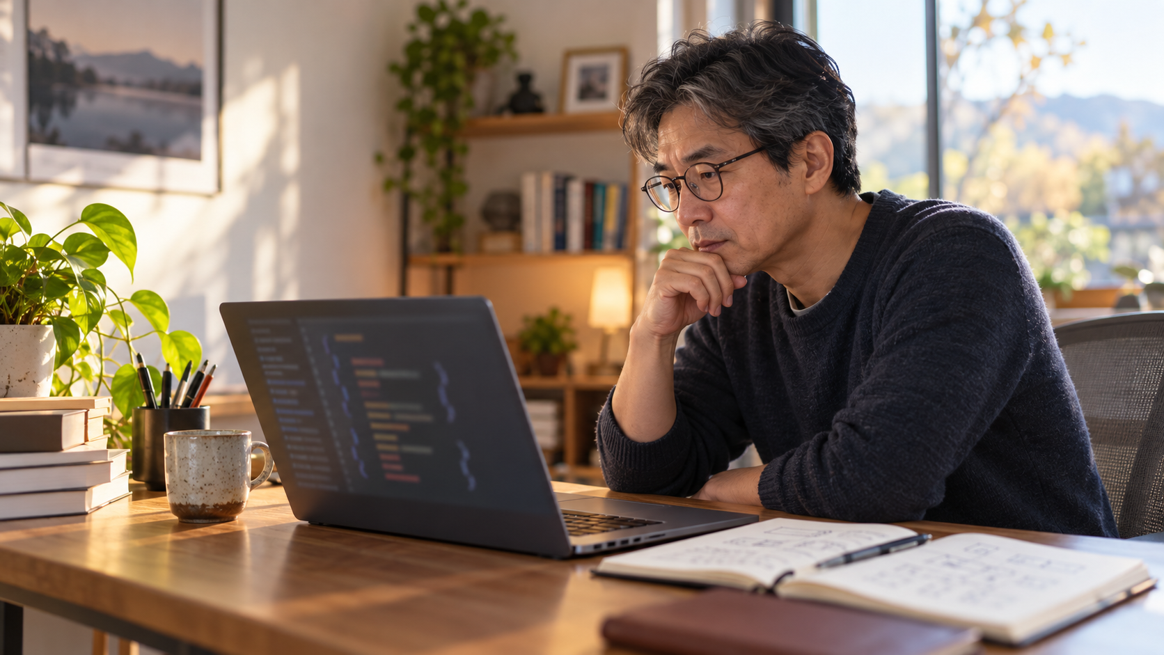 AI 생성 이미지: 개발자가 JSON 입력 오류의 위치를 살피며 노트북에서 데이터를 확인하는 장면