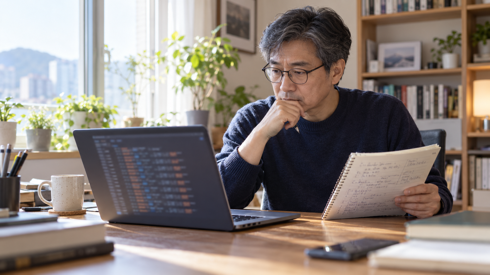 AI 생성 이미지: 성인 개발자가 JSON 문자 표기와 파일 인코딩을 비교하며 노트북에서 확인하는 장면