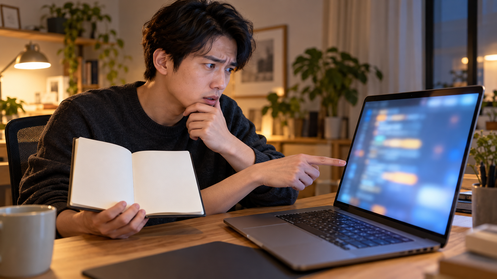 AI 생성 이미지: 성인 개발자가 빈 노트와 흐릿한 로그 화면을 비교하며 노출 여부를 점검하는 장면