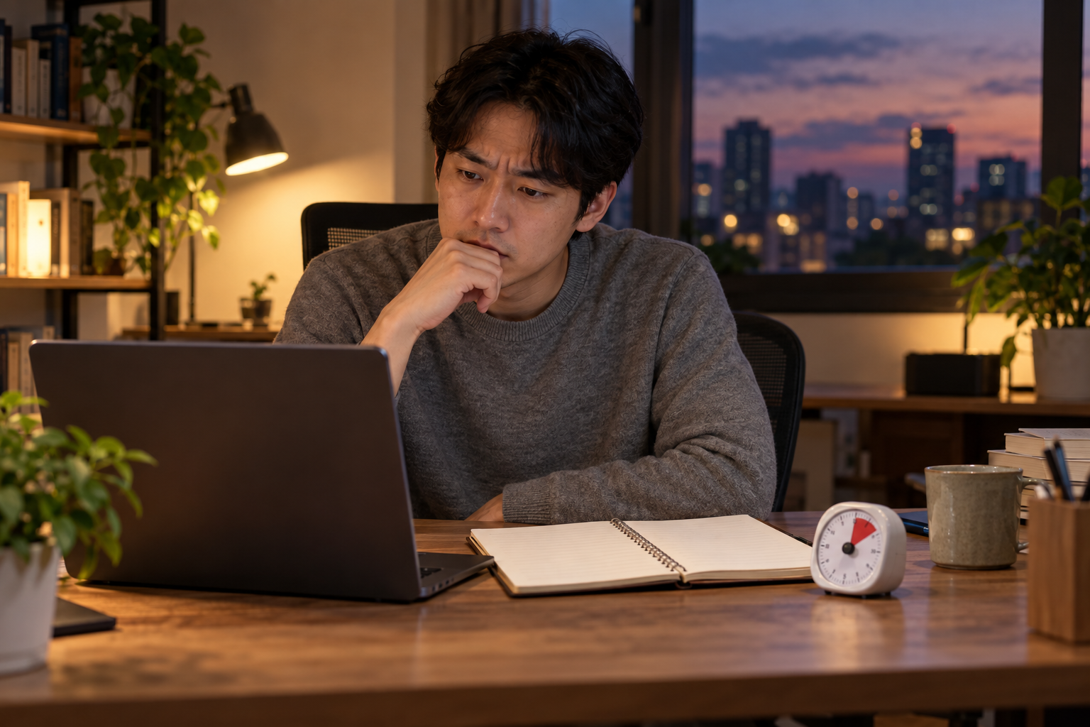 AI 생성 이미지: 성인 개발자가 노트북과 빈 기록 노트를 바라보며 서비스 로그 문제를 점검하는 장면