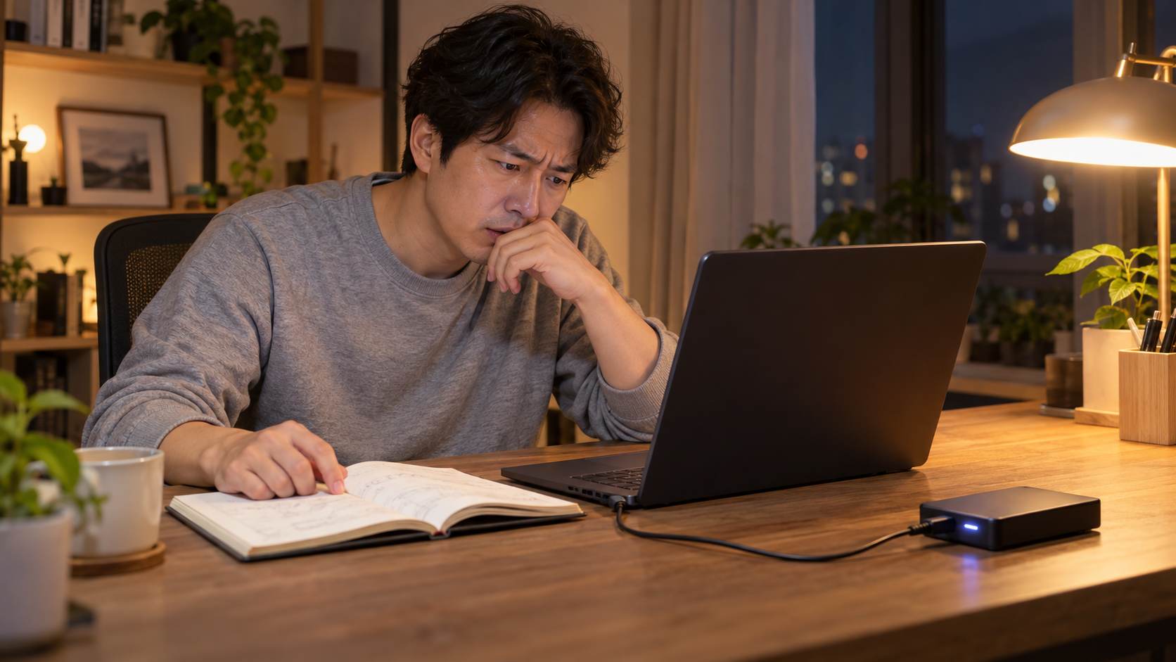 AI 생성 이미지: 성인 개발자가 출력이 보이지 않는 노트북과 노트, 연결된 기록 장치를 확인하는 장면