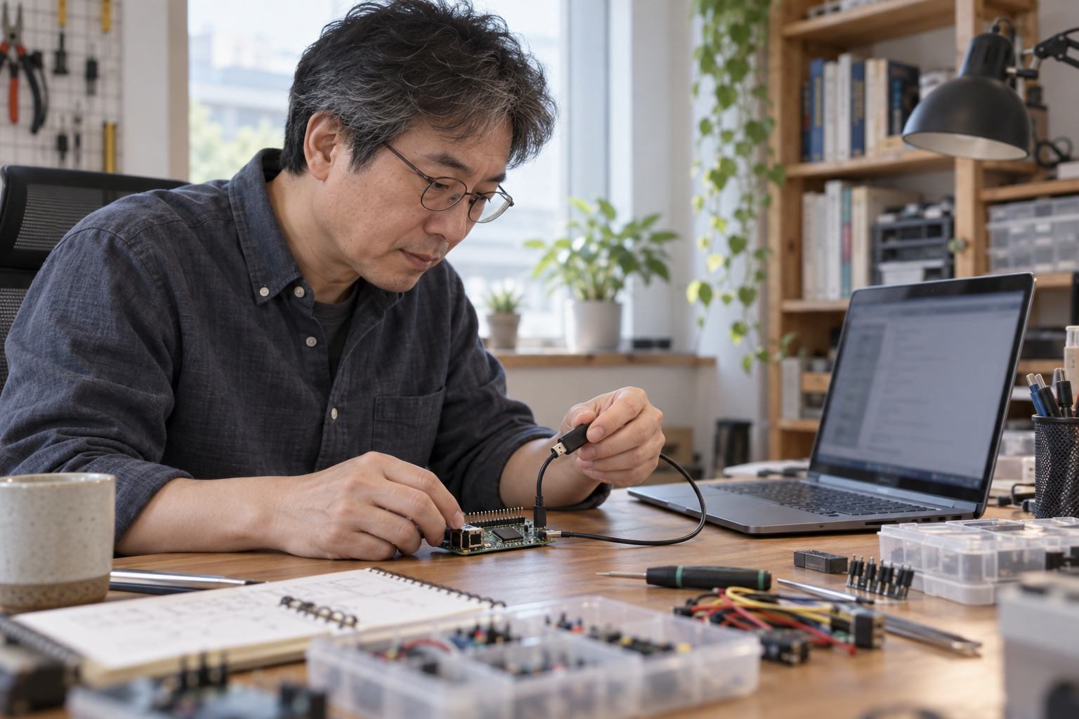 AI 생성 이미지: USB 시리얼 케이블과 전자 보드를 확인하는 시니어 개발자