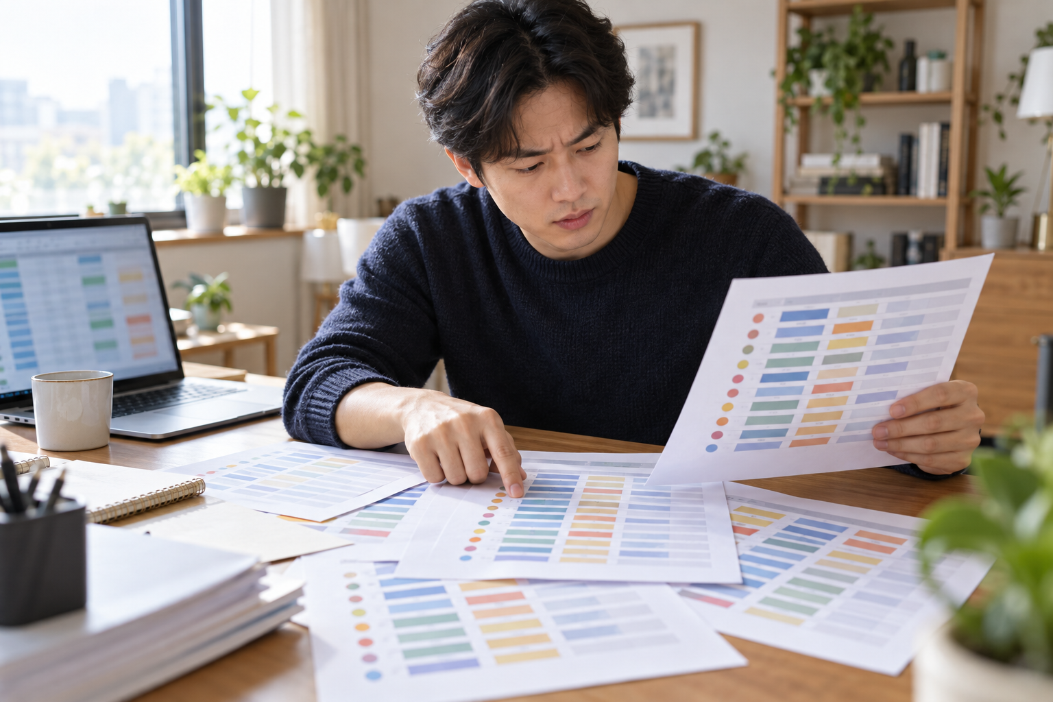 AI 생성 이미지: 성인 개발자가 겹쳐 놓인 데이터 표를 비교하며 중복 행을 확인하는 장면